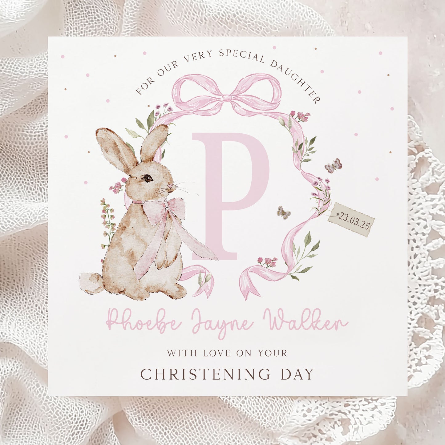 Personalised Girl's Pink Rabbit Christening Baptism Naming Day Card