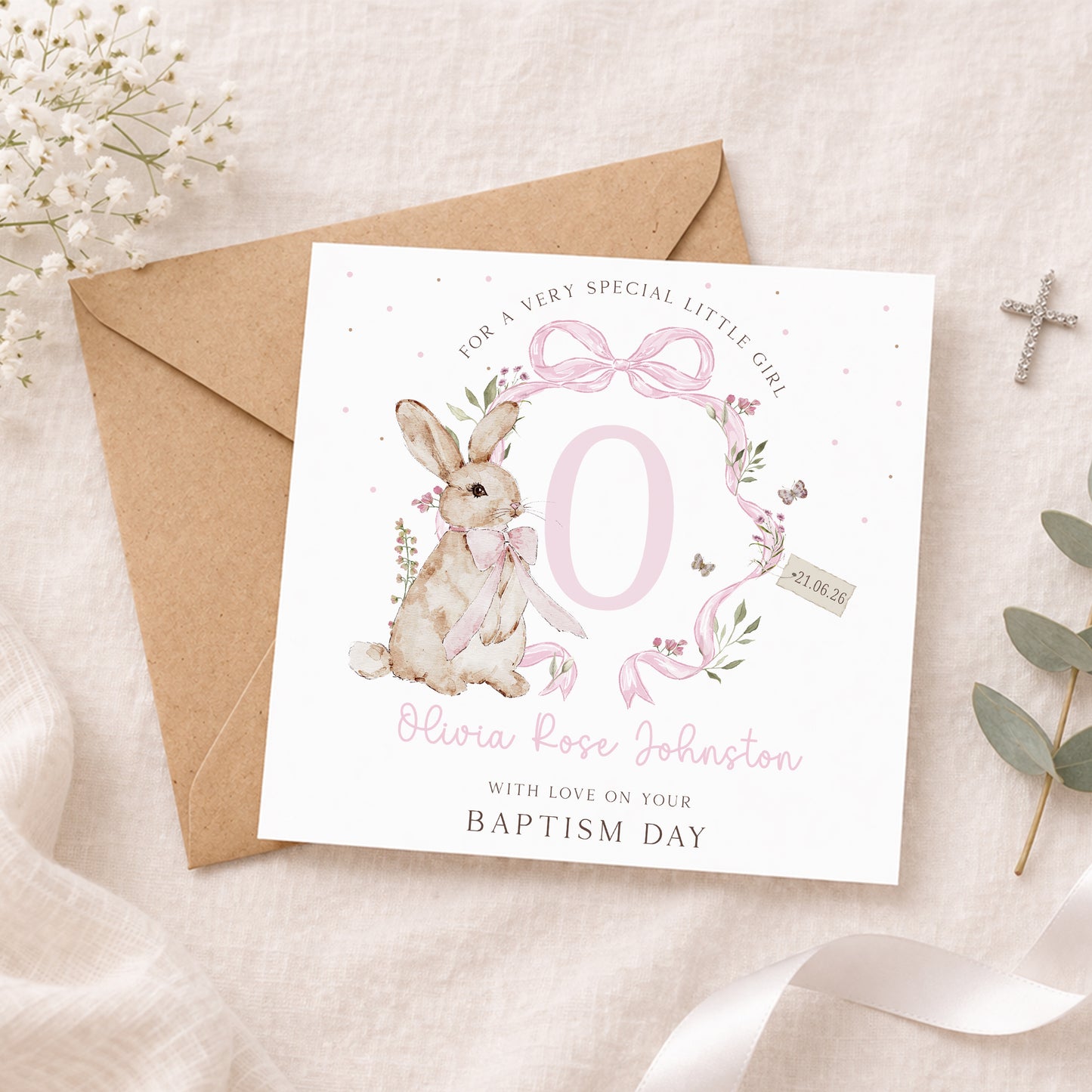 Personalised Christening, Naming Day Wrapping Paper - Pink Bunny
