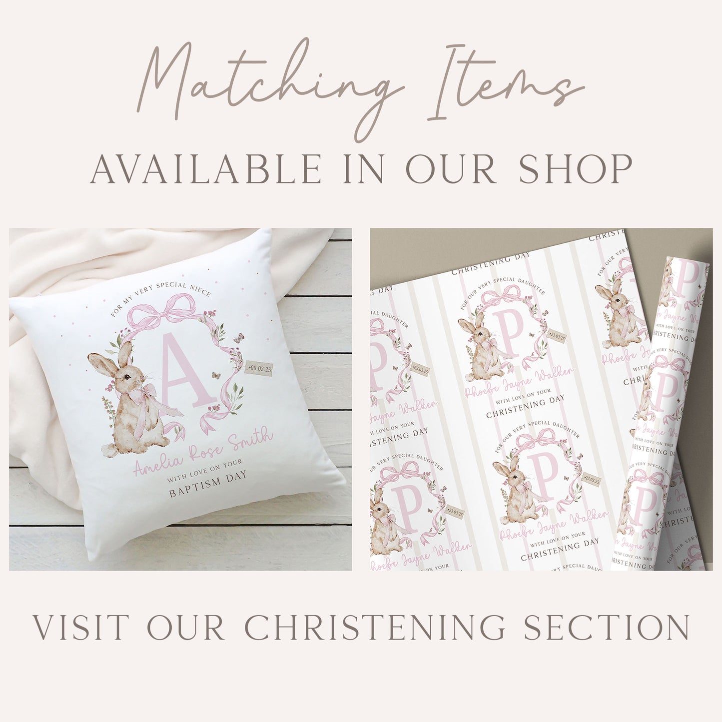 Personalised Girl's Pink Rabbit Christening Baptism Naming Day Card