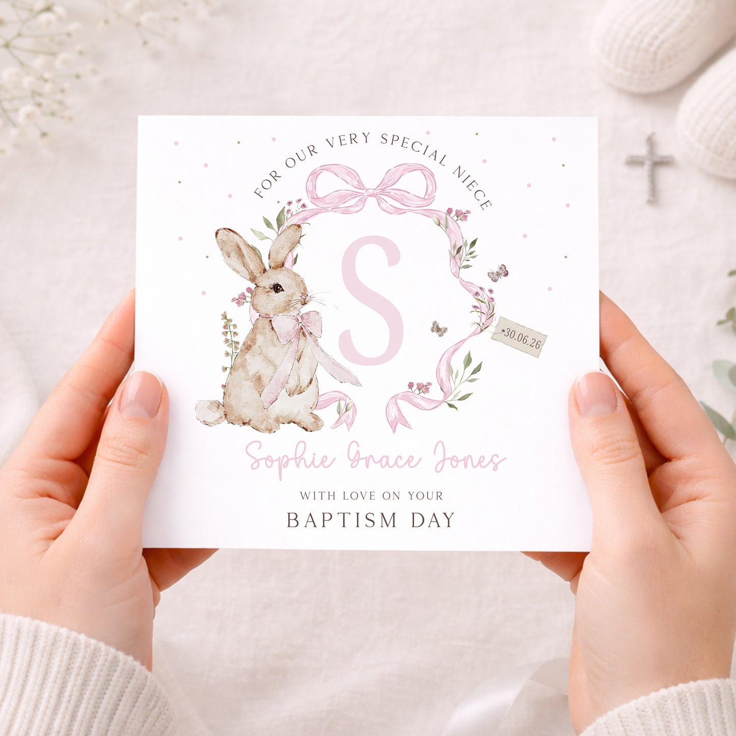 Personalised Girl's Christening, Baptism, Naming Day Card - Pink Bunny