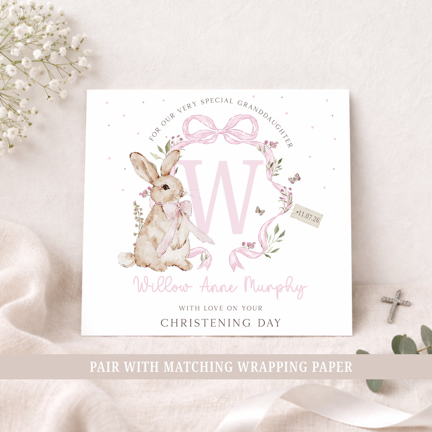 Personalised Girl's Christening, Baptism, Naming Day Card - Pink Bunny