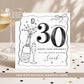 Personalised 30th birthday card featuring a black and white champagne bottle and glass design, customised with any name and relation.