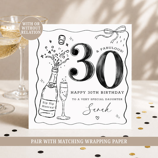 Personalised 30th birthday card featuring a black and white champagne bottle and glass design, customised with any name and relation.