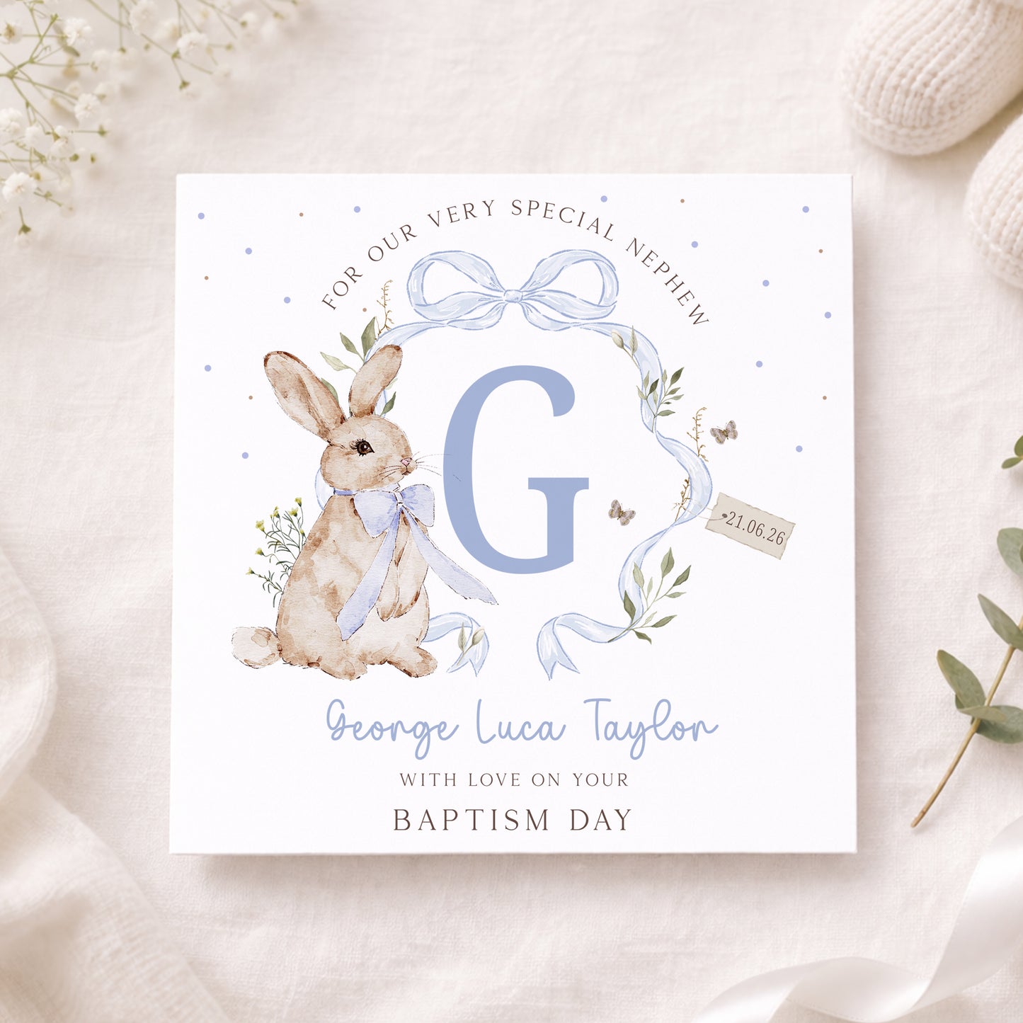 Personalised Blue Bunny Christening Naming Day Wrapping Paper