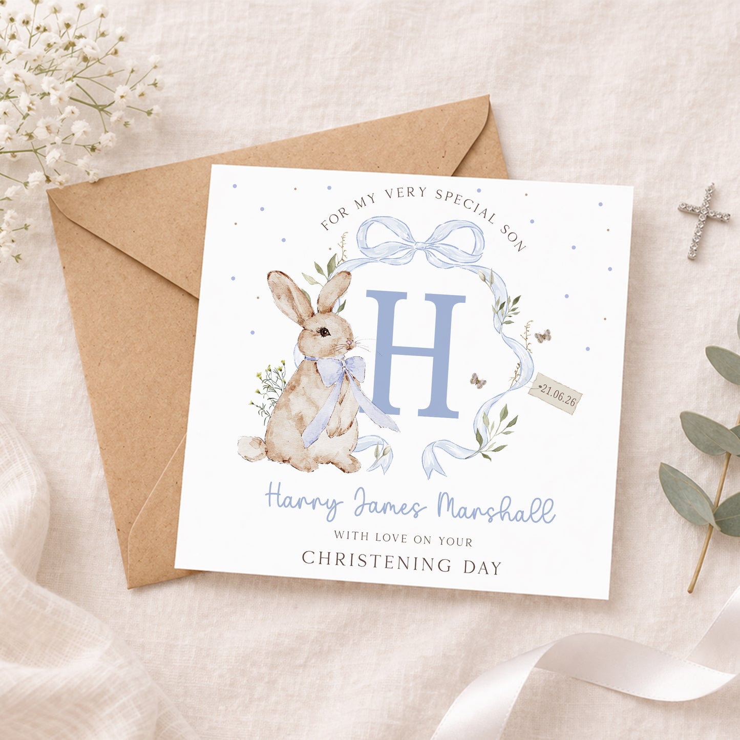 Personalised Blue Bunny Christening Baptism Card