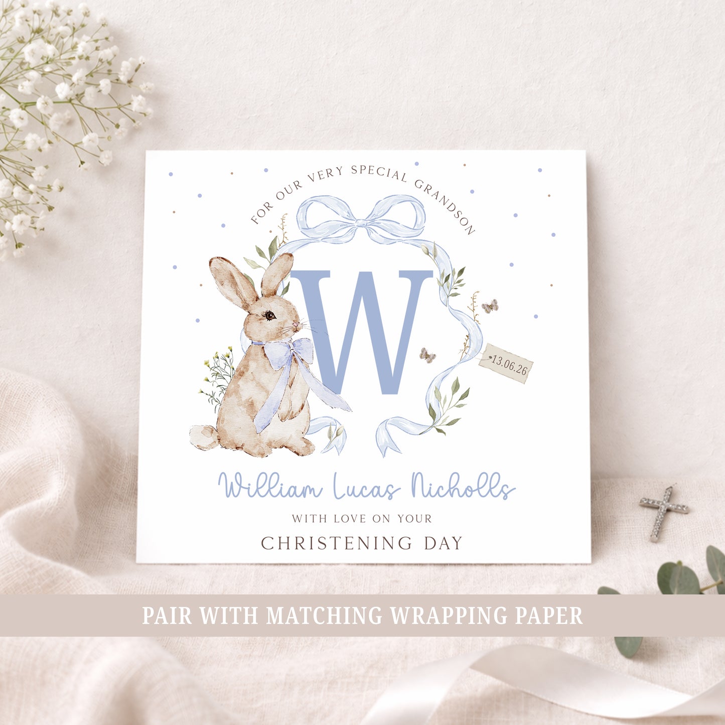 Personalised Blue Bunny Christening Baptism Card