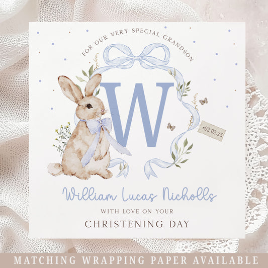 Personalised Boy's Blue Rabbit Christening Baptism Naming Day Card