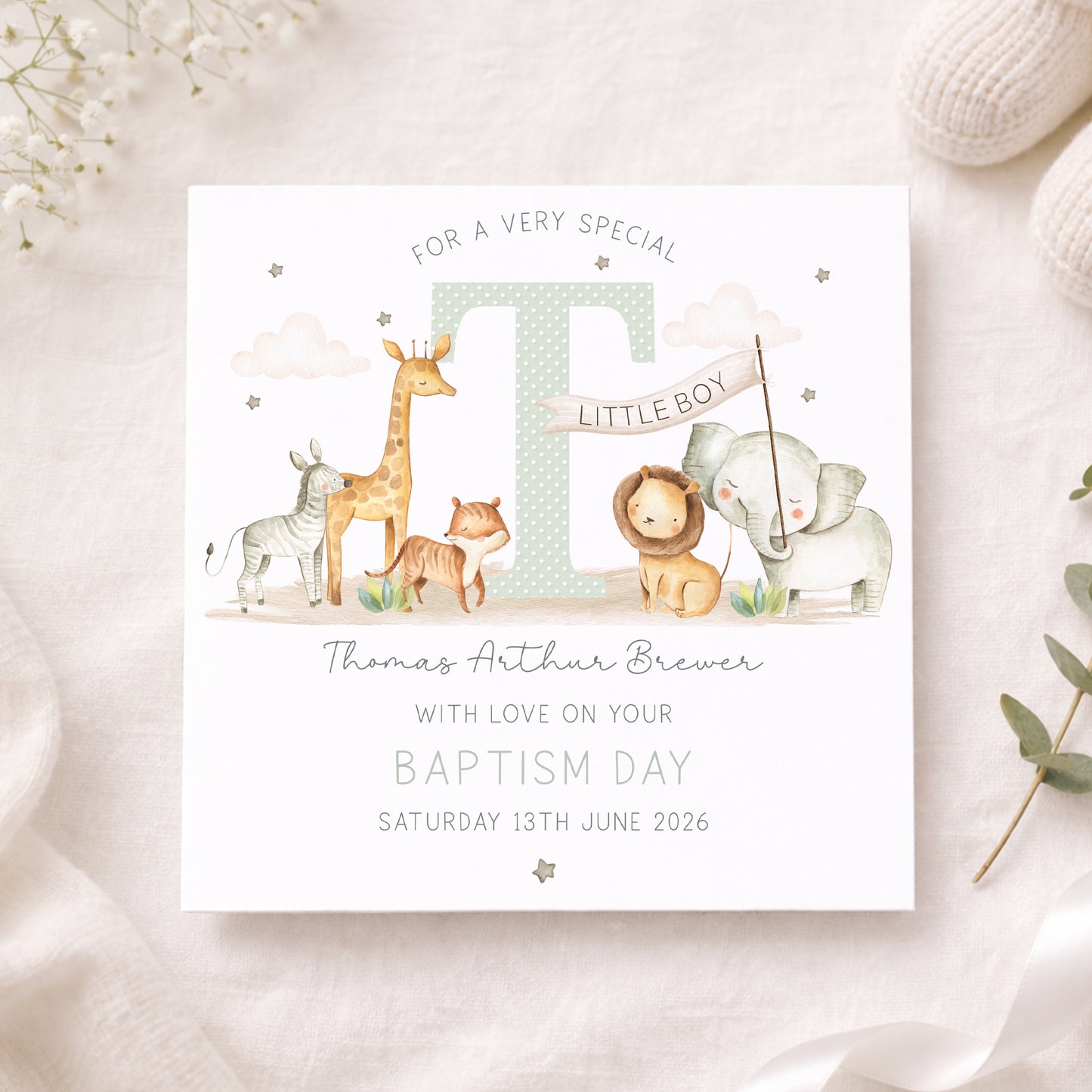 Personalised Grandson Christening, Baptism Card - Safari Animals