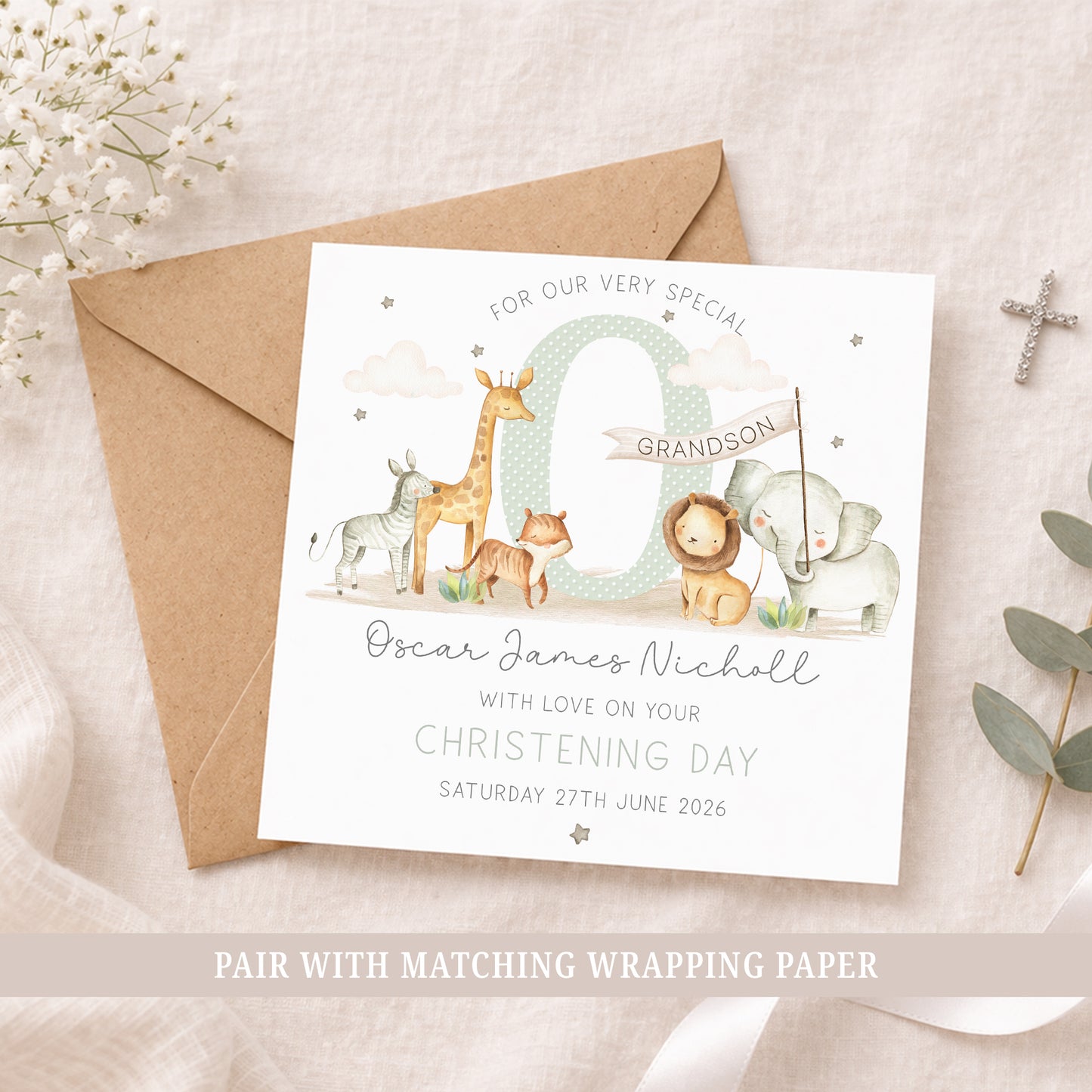 Personalised Grandson Christening, Baptism Card - Safari Animals