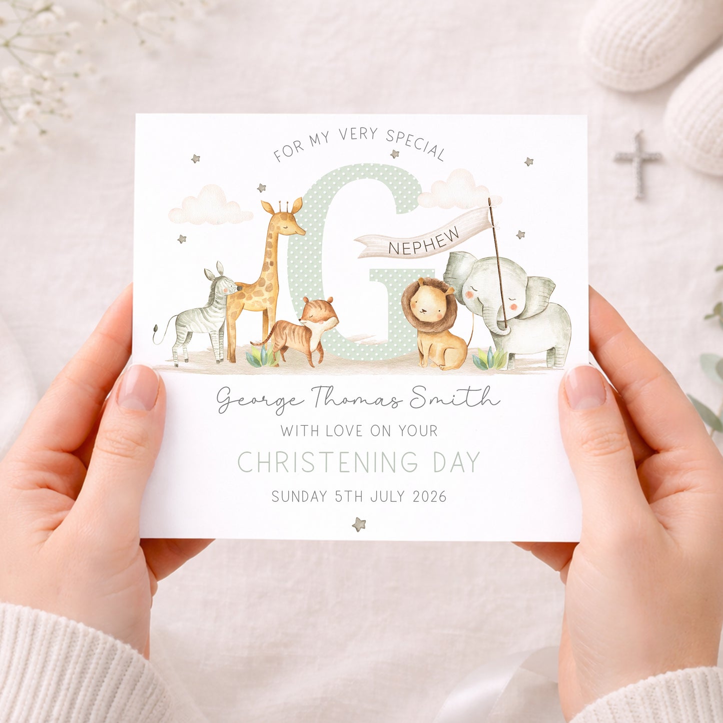 Personalised Green Safari Christening Naming Day Wrapping Paper