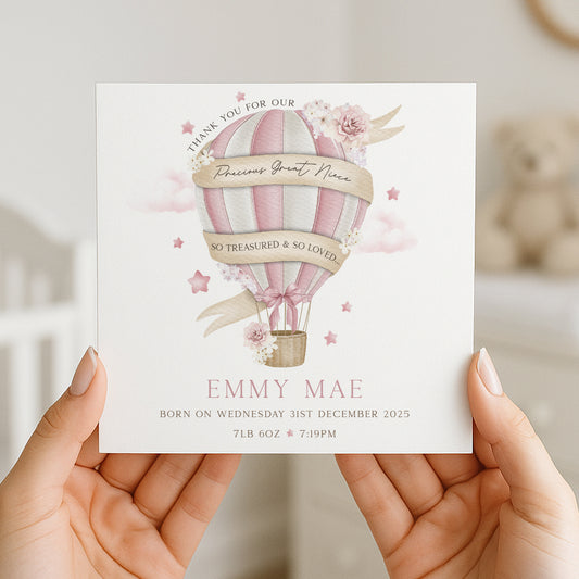 Personalised New Baby Girl's Hot Air Balloon Card