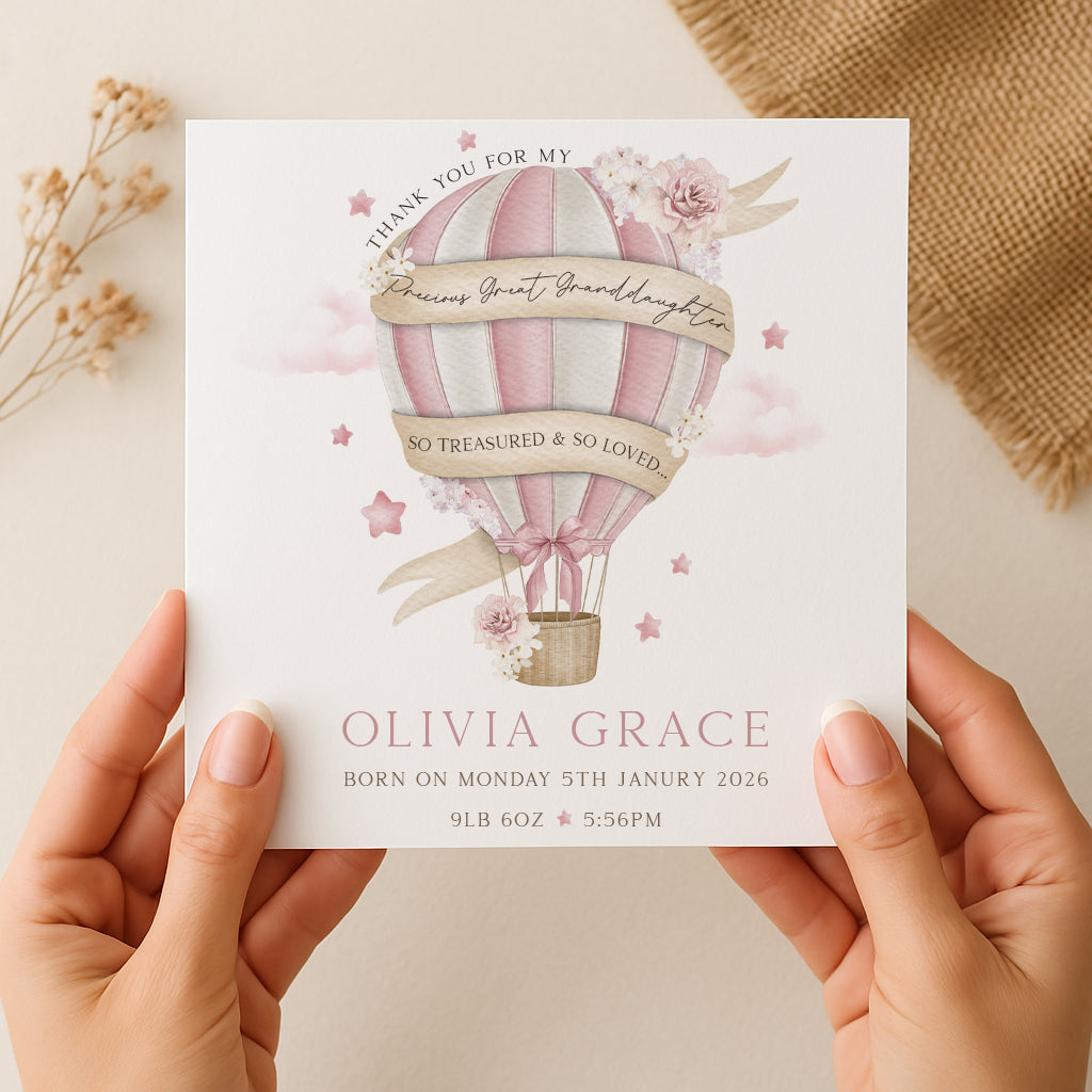 Personalised New Baby Girl's Hot Air Balloon Card