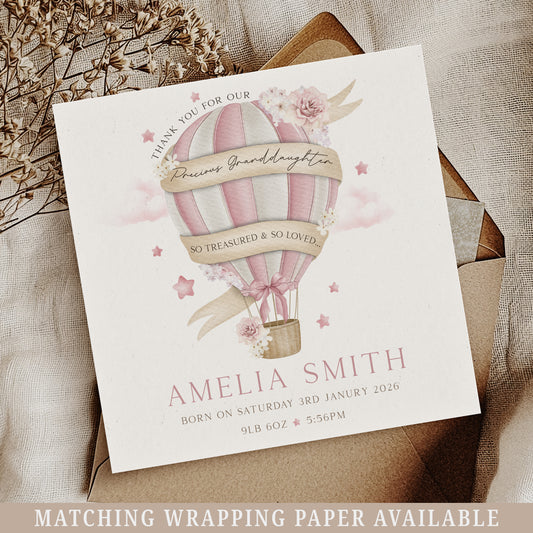 Personalised New Baby Girl's Hot Air Balloon Card