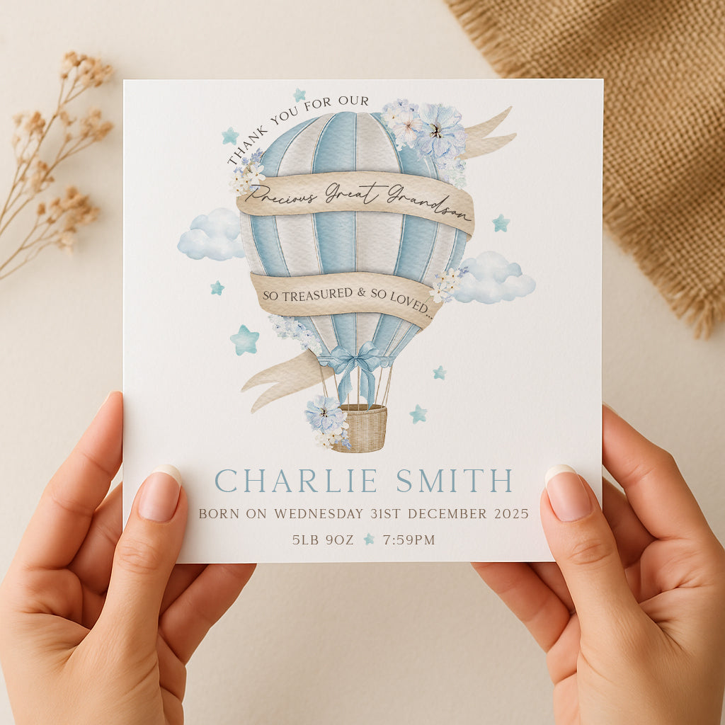 Personalised New Baby Boy's Hot Air Balloon Card