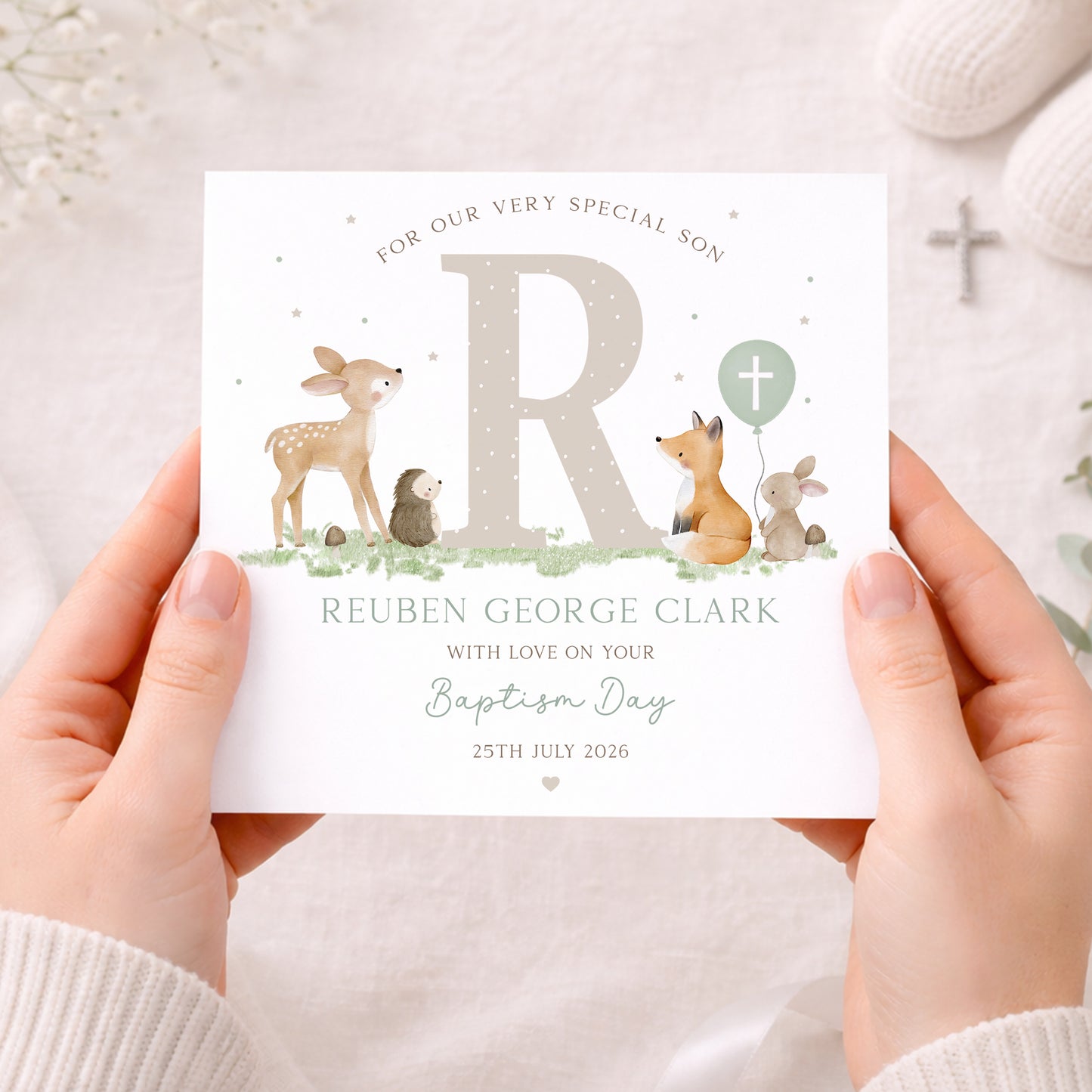 Personalised Godson Christening, Baptism Card - Woodland Theme