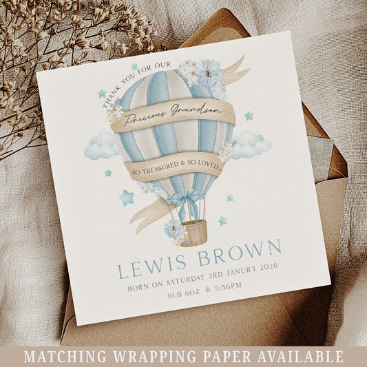 Personalised New Baby Boy's Hot Air Balloon Card