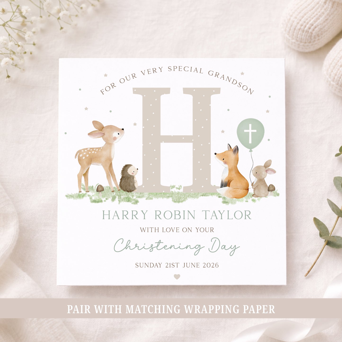Personalised Godson Christening, Baptism Card - Woodland Theme