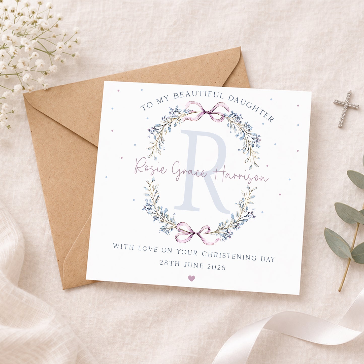 Personalised Girl's Christening Baptism Naming Day Floral Wreath Wrapping Paper