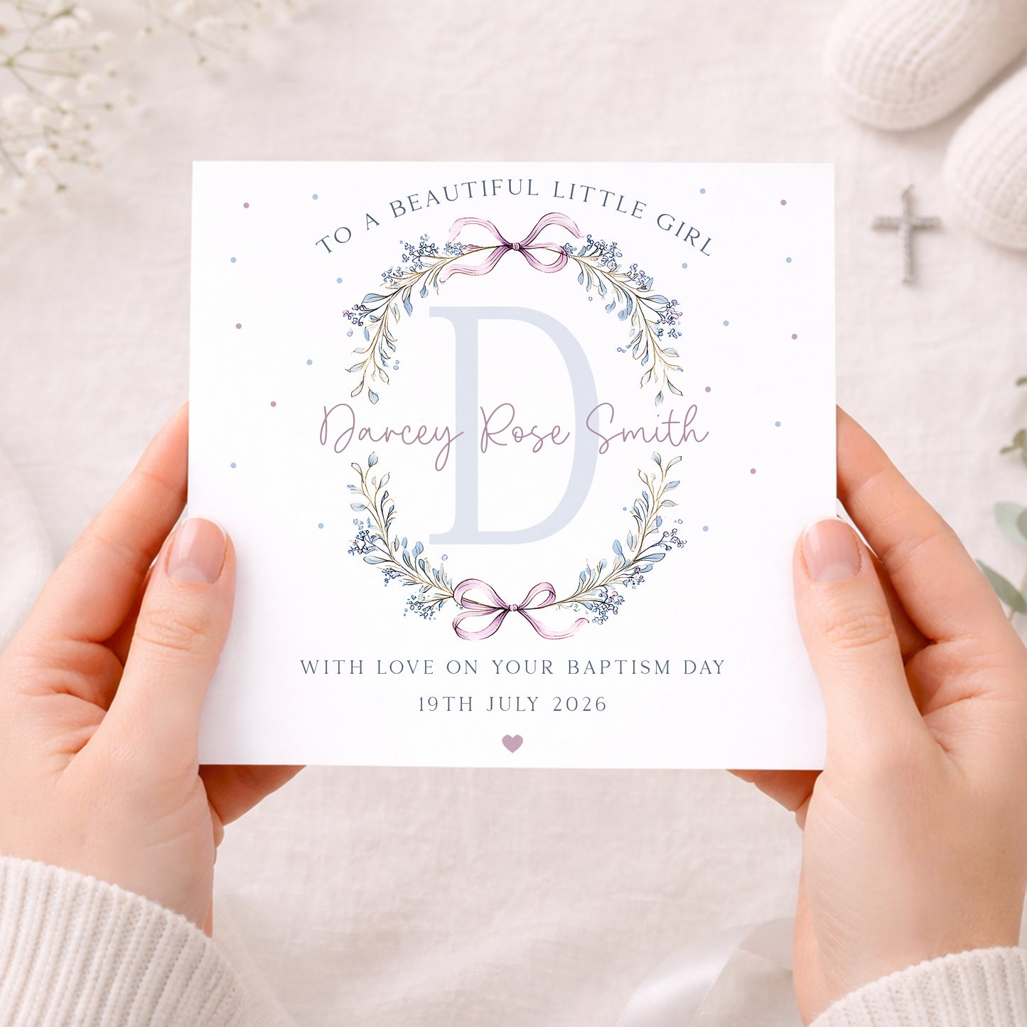 Personalised Christening, Baptism, Naming Day Card for Girls, Floral Wreath