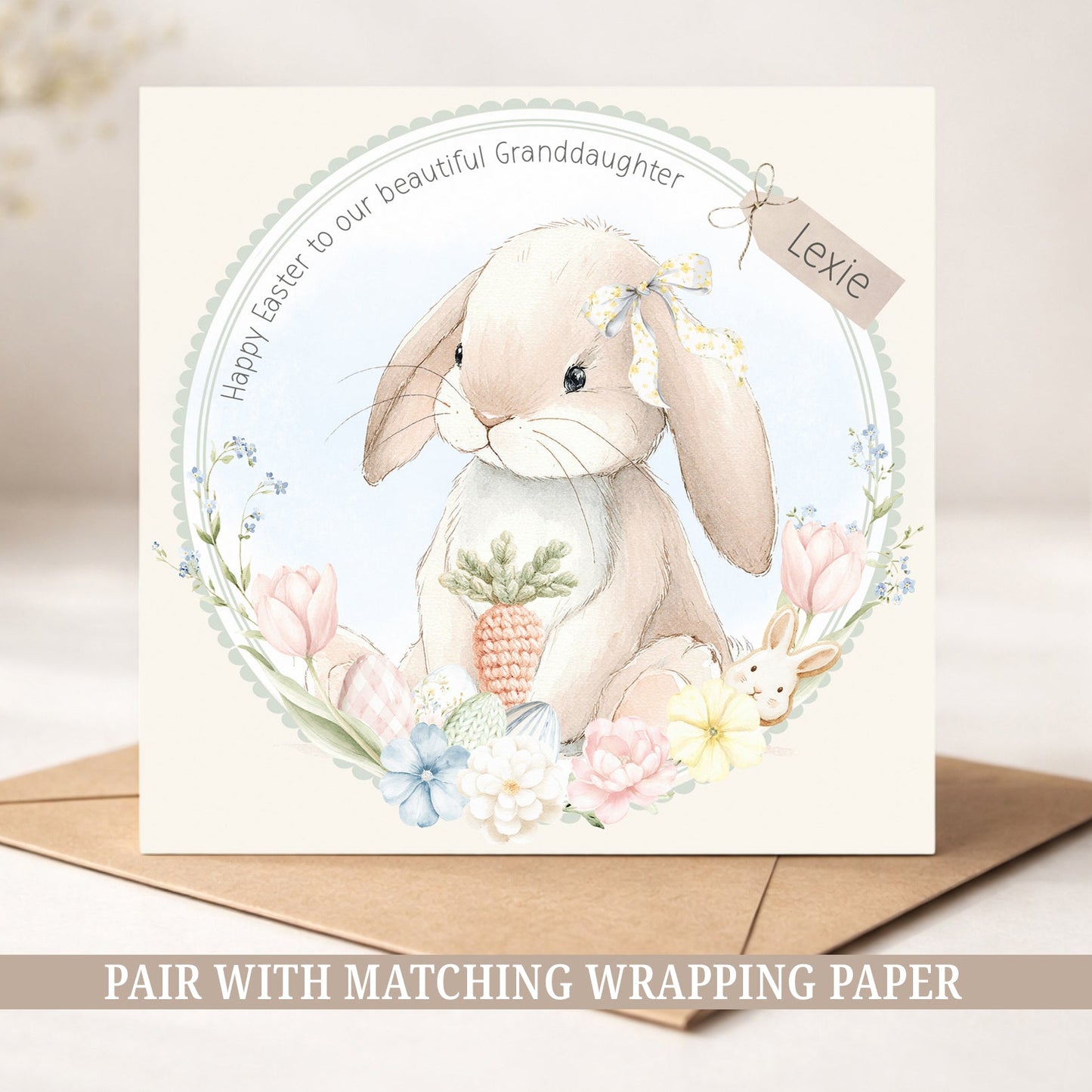 Personalised Girl's Bunny Easter Wreath Card