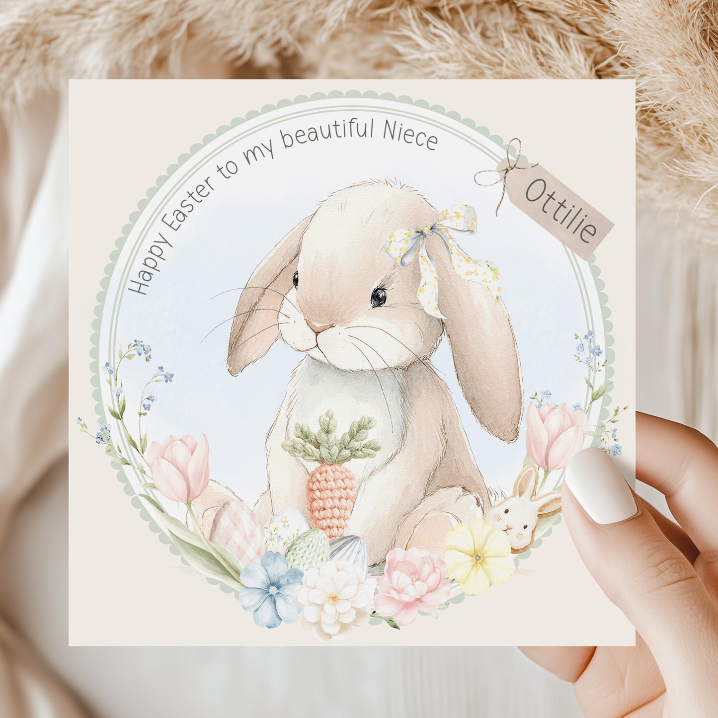 Personalised Girl's Bunny Easter Wreath Card