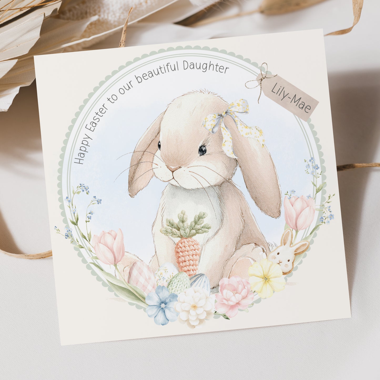 Personalised Girl's Bunny Easter Wreath Card