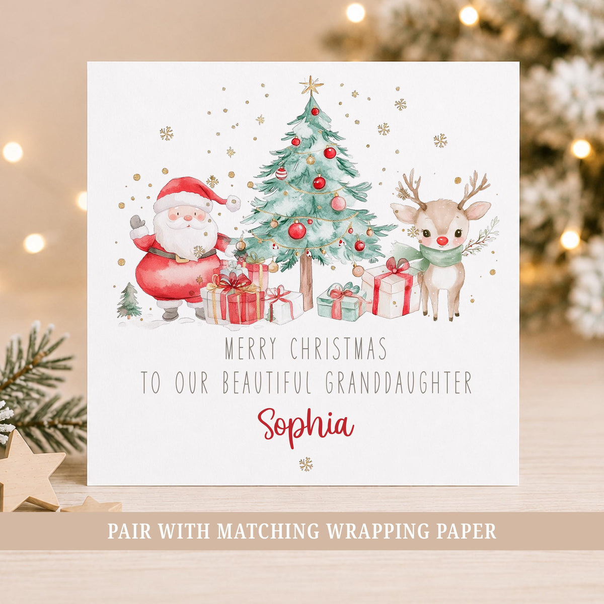 Personalised girls Christmas card featuring Santa, cute reindeer, Christmas tree and presents, personalised with her name and relation.