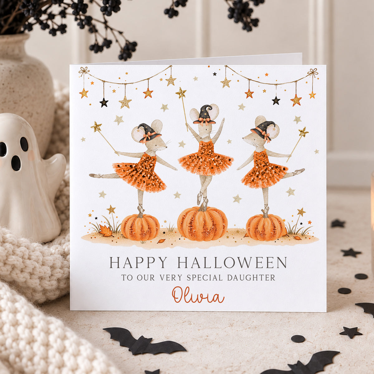 Personalised Girls Halloween Card – Ballerina Mice