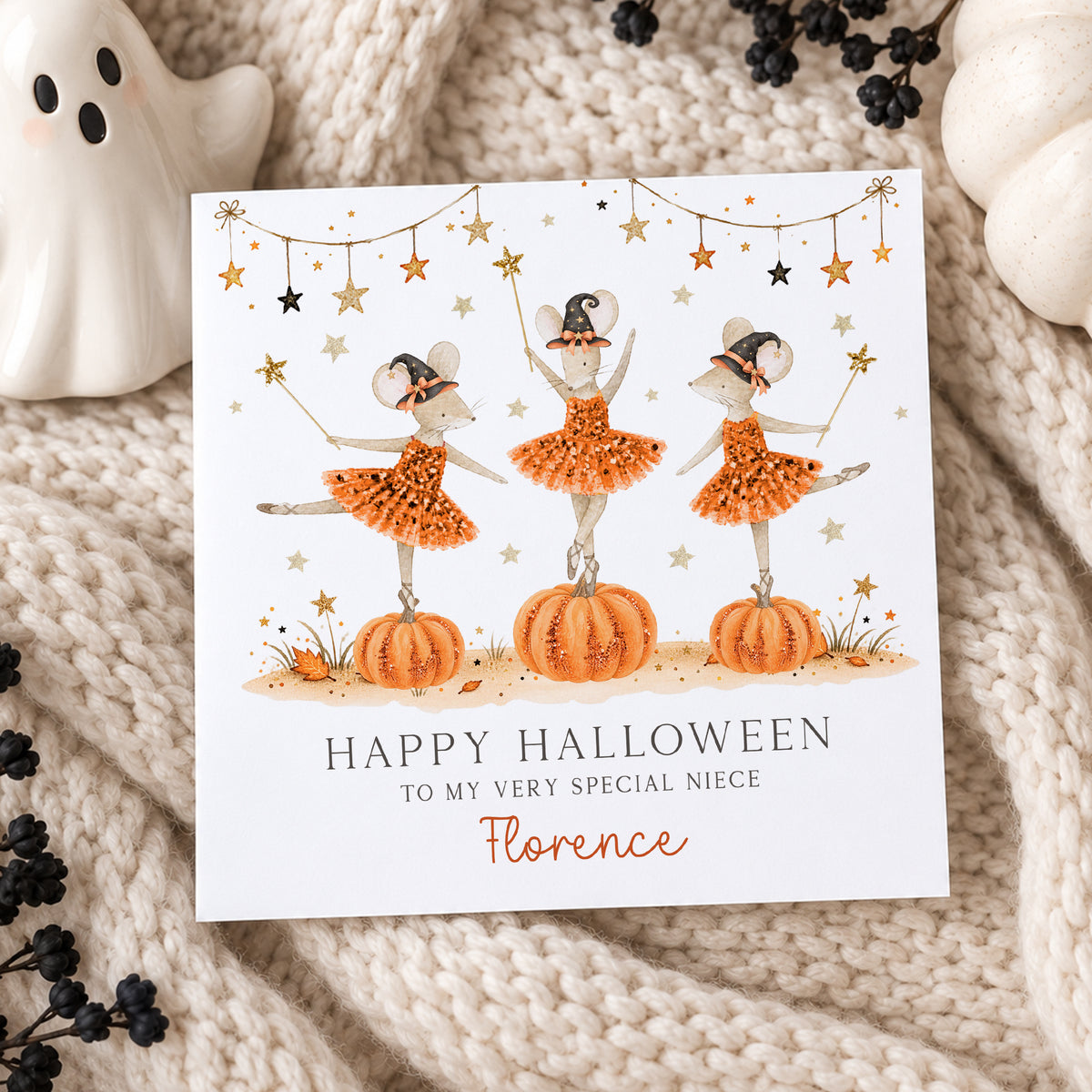 Personalised Girls Halloween Card – Ballerina Mice