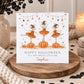Personalised girls Halloween card featuring three ballerina mice wearing orange dresses and witches’ hats, standing on pumpkins with orange, black and gold stars. Personalised with any name and relation including Daughter, Granddaughter, Niece, Goddaughter, Little Girl and more.