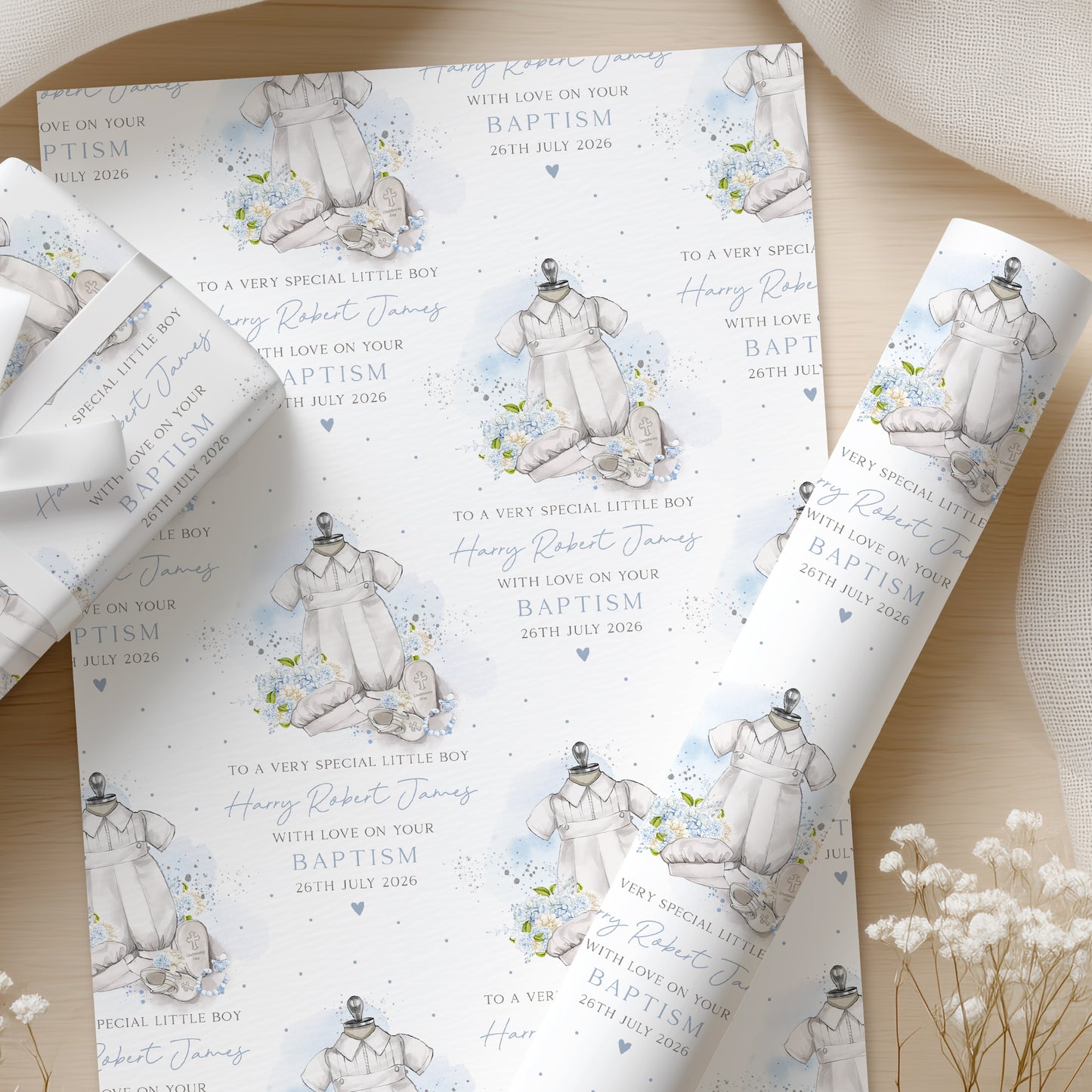Personalised Boy's Blue Christening Baptism Day Wrapping Paper
