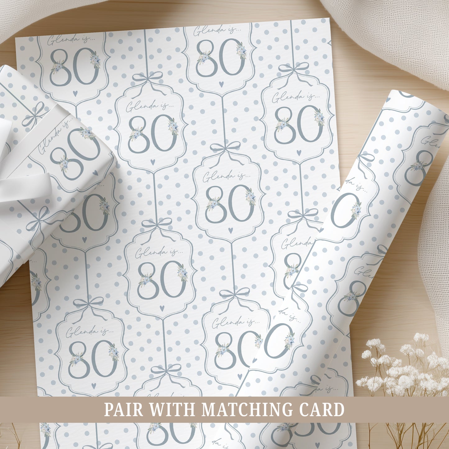 Personalised 80th birthday floral number wrapping paper with blue polka dot background and personalised name.