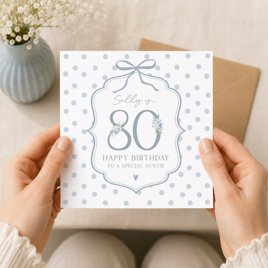 Personalised 80th Birthday Blue Floral Number Card