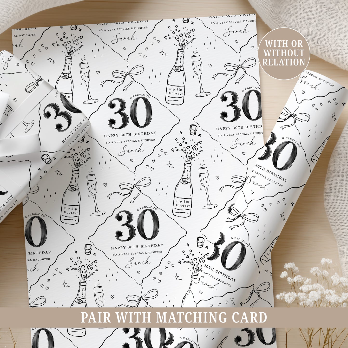 Personalised Black & White 30th Birthday Wrapping Paper