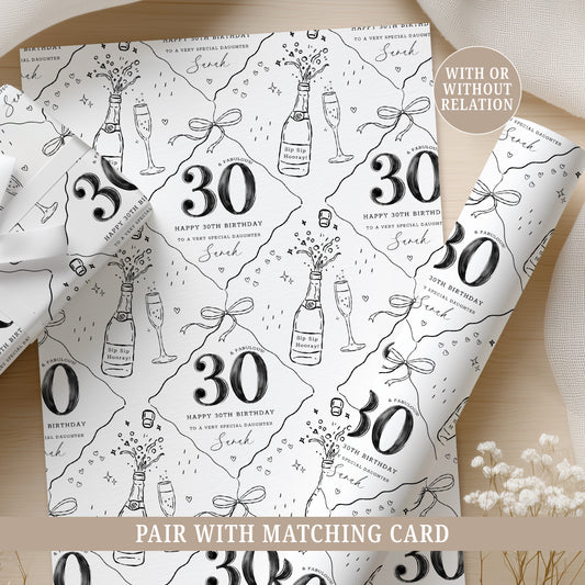 Personalised Black & White 30th Birthday Wrapping Paper