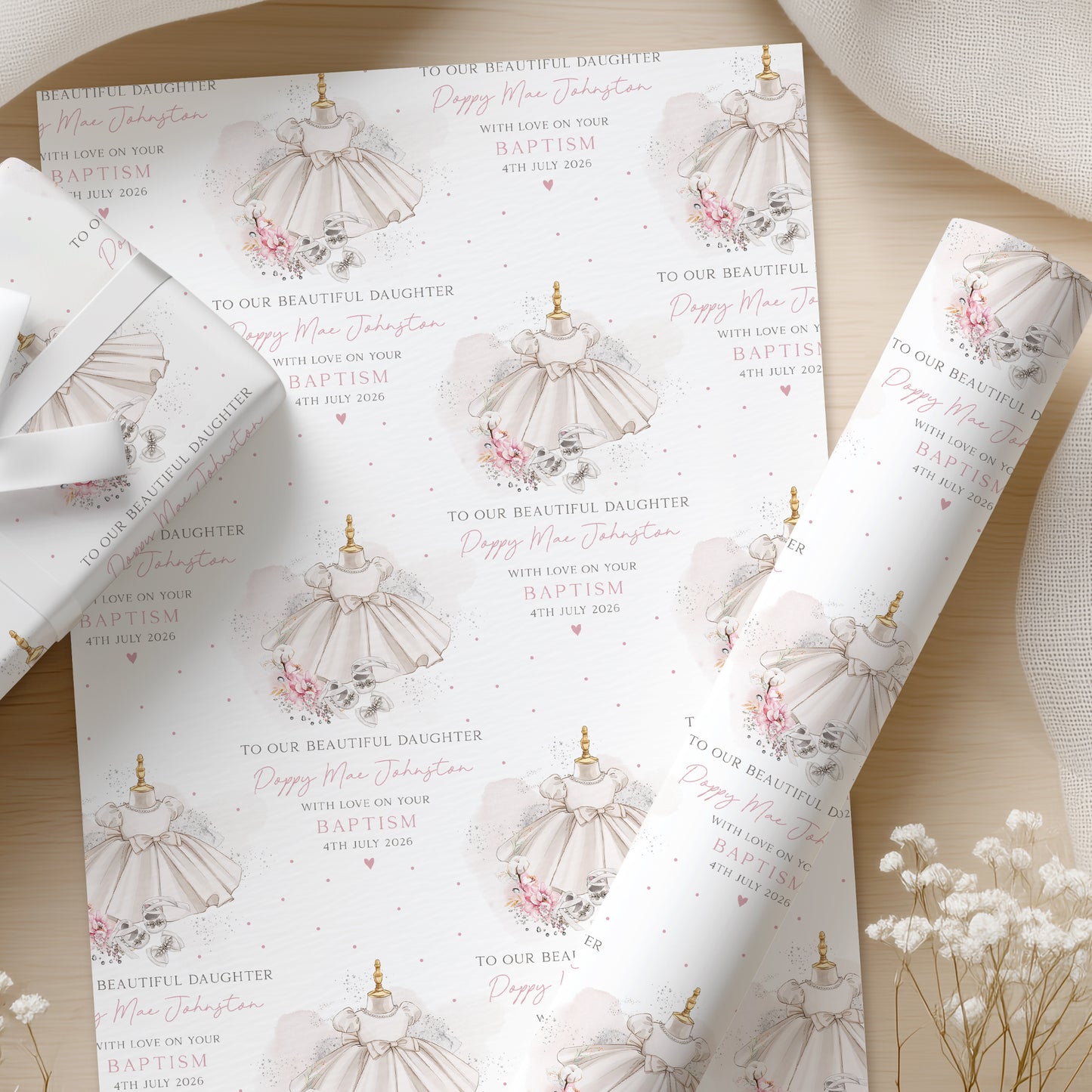 Personalised Girl's Christening, Baptism Dress Wrapping Paper