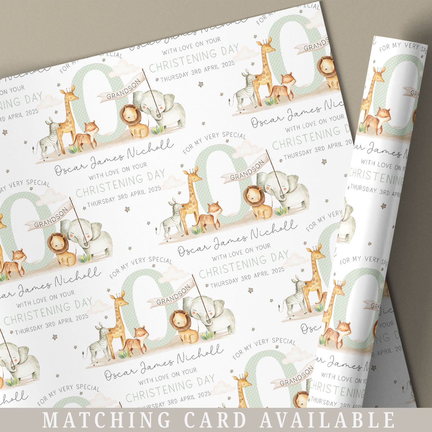 Personalised Green Safari Christening Naming Day Wrapping Paper