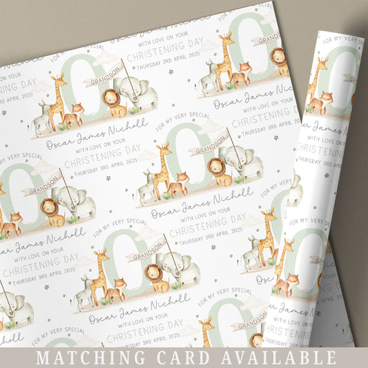 Personalised Green Safari Christening Naming Day Wrapping Paper