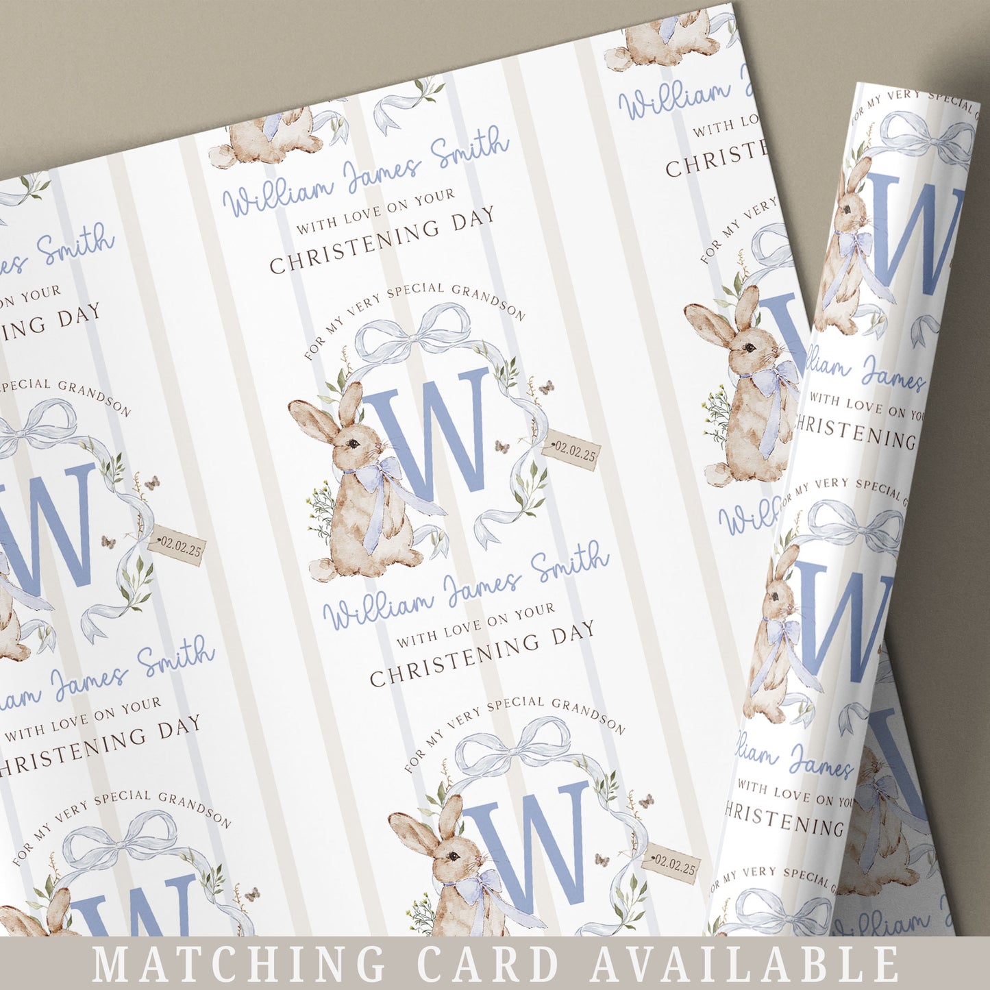 Personalised Blue Bunny Christening Naming Day Wrapping Paper