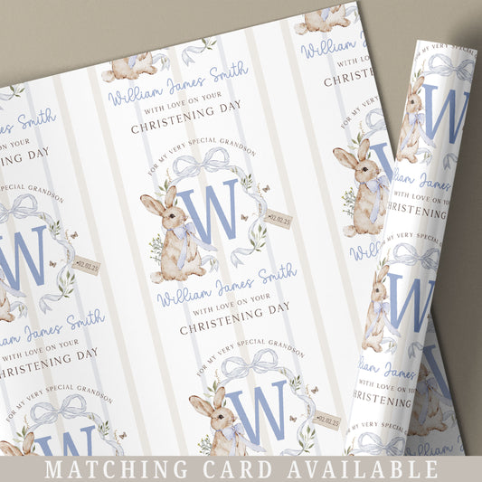 Personalised Blue Bunny Christening Naming Day Wrapping Paper