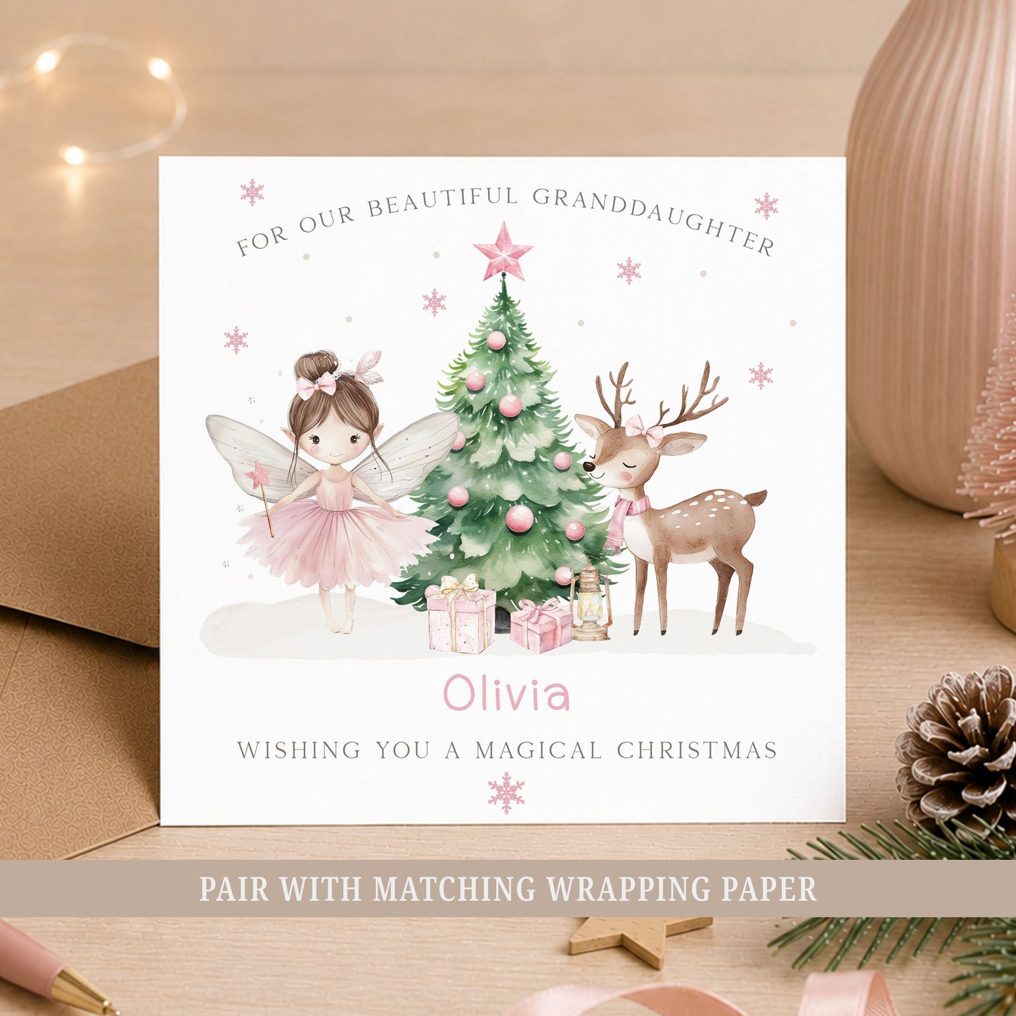 Personalised Christmas card for Granddaughter with pink fairy, Christmas tree and reindeer, customised with her name.