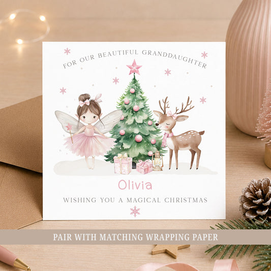Personalised Christmas card for Granddaughter with pink fairy, Christmas tree and reindeer, customised with her name.