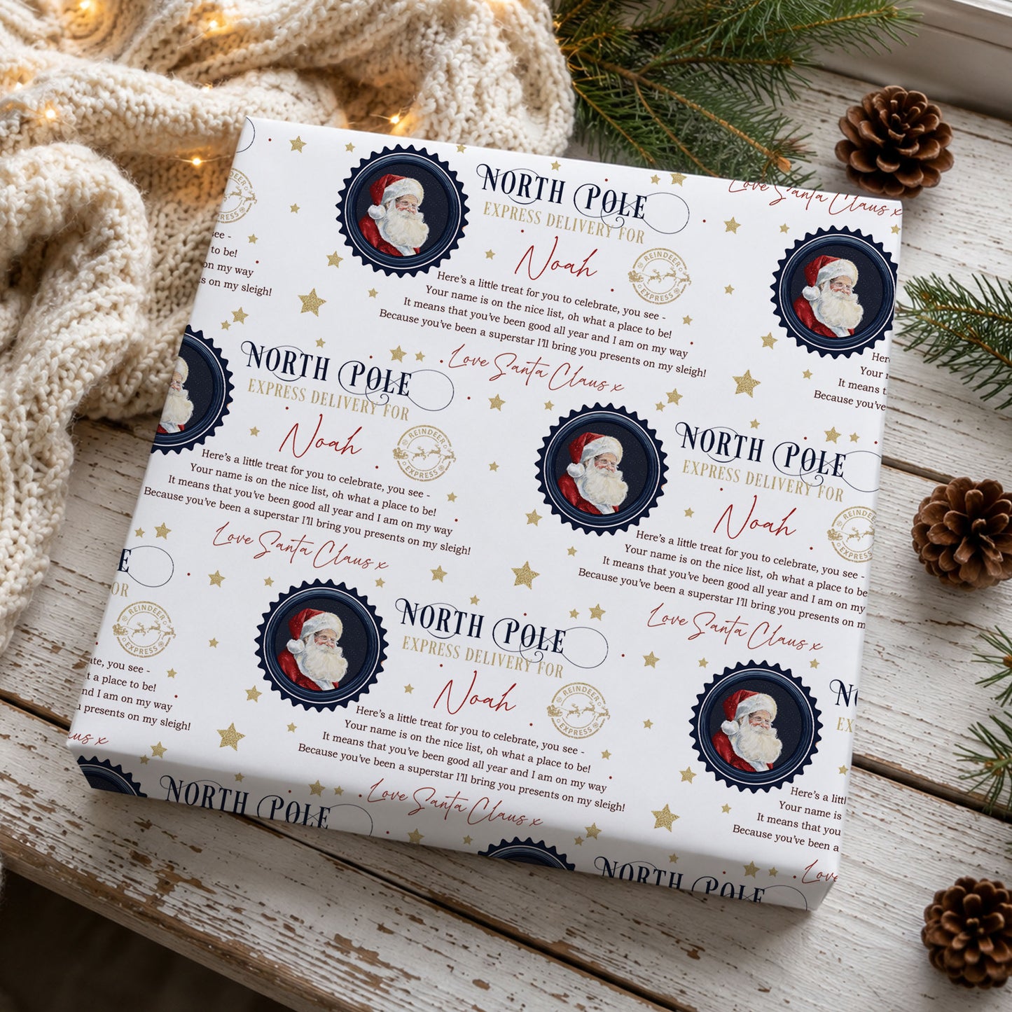 Personalised Santa’s Nice List Christmas wrapping paper featuring the child’s name, Santa portrait, North Pole design and festive Nice List message.