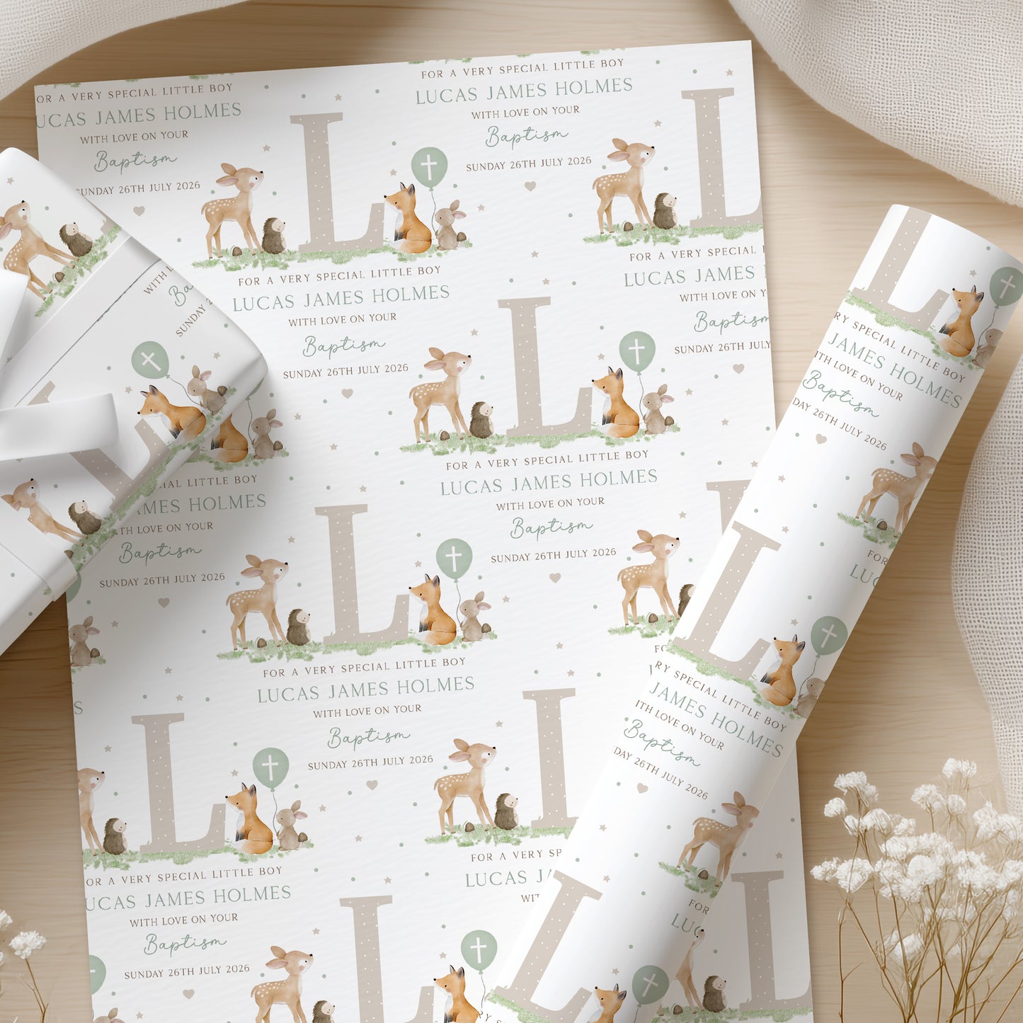 Personalised Boy's Woodland Christening Baptism Day Wrapping Paper