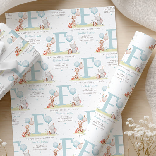 Personalised Blue Baby Boy's Christening Naming Day Wrapping Paper