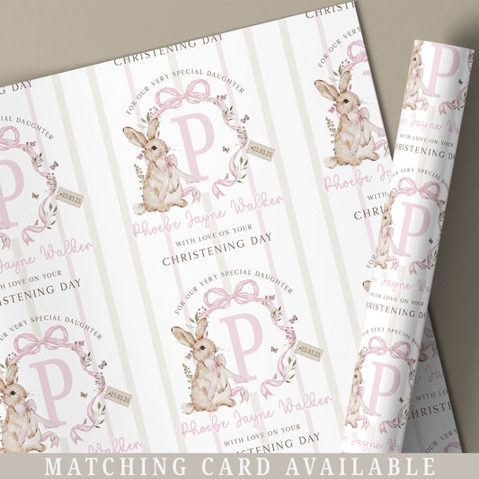 Personalised Christening, Naming Day Wrapping Paper - Pink Bunny