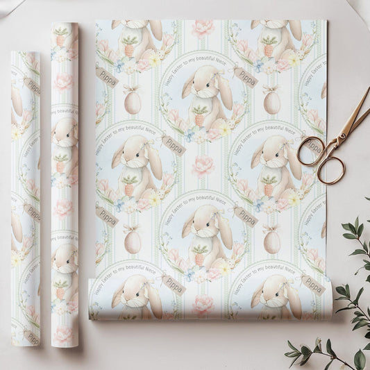Personalised Girl's Easter Bunny Wreath Wrapping Paper