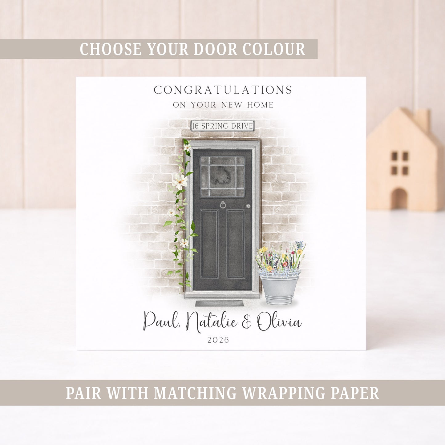Personalised new home card featuring a front door design with names, address and choice of door colours