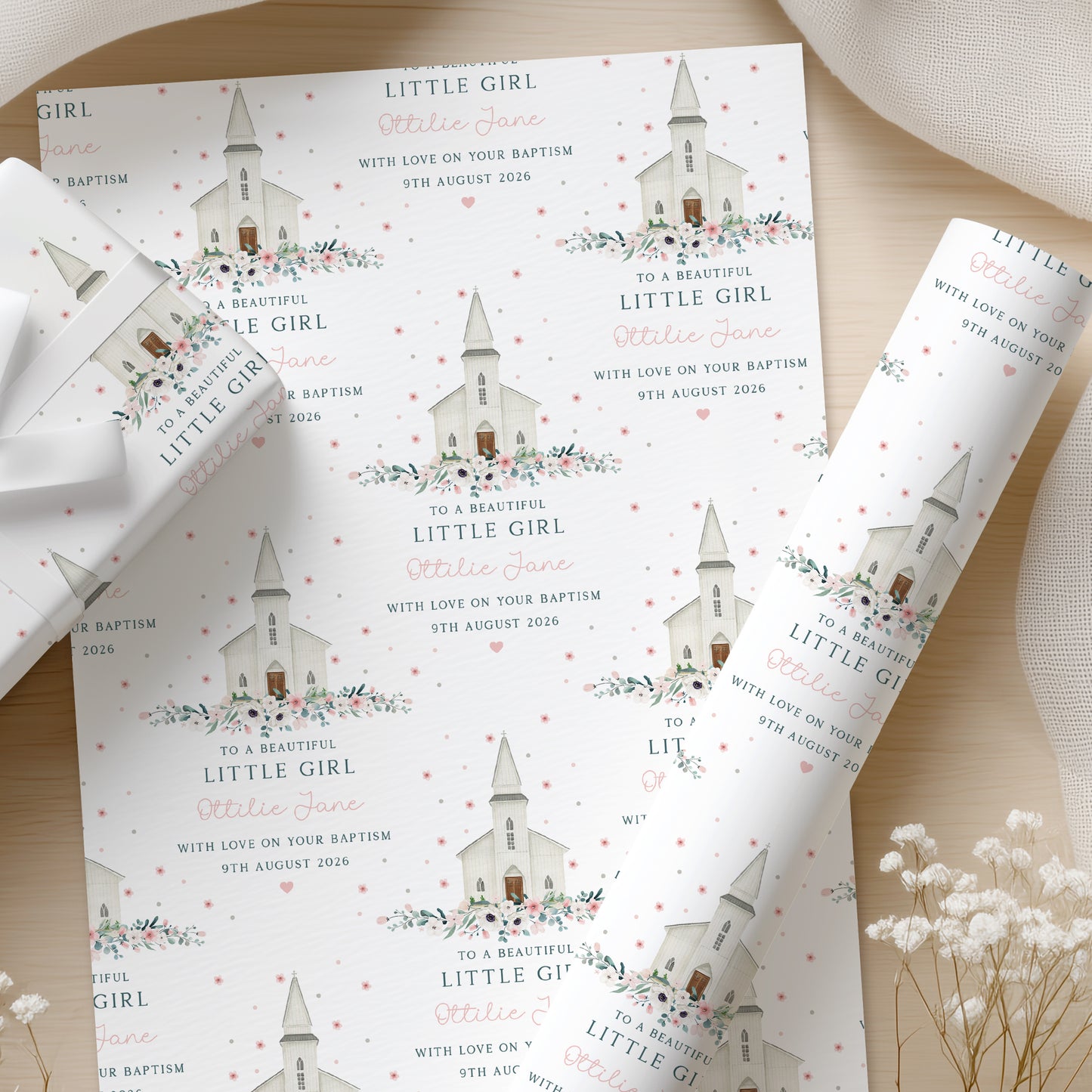Personalised Girl's Christening, Baptism Wrapping Paper - Floral Church