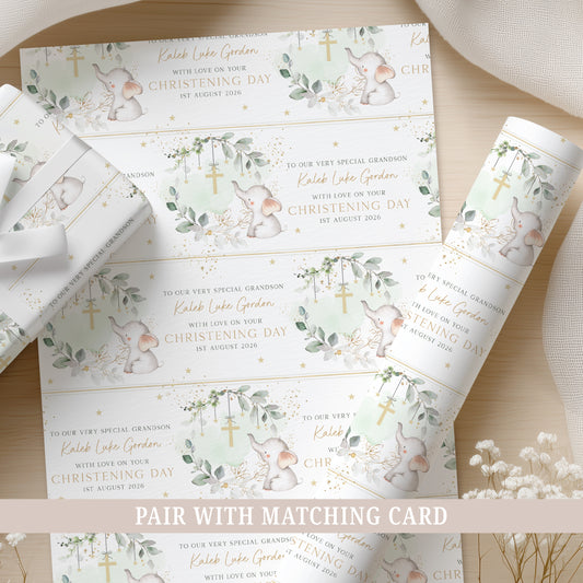 Personalised Green Eucalyptus Baby Boy's Christening Naming Day Wrapping Paper